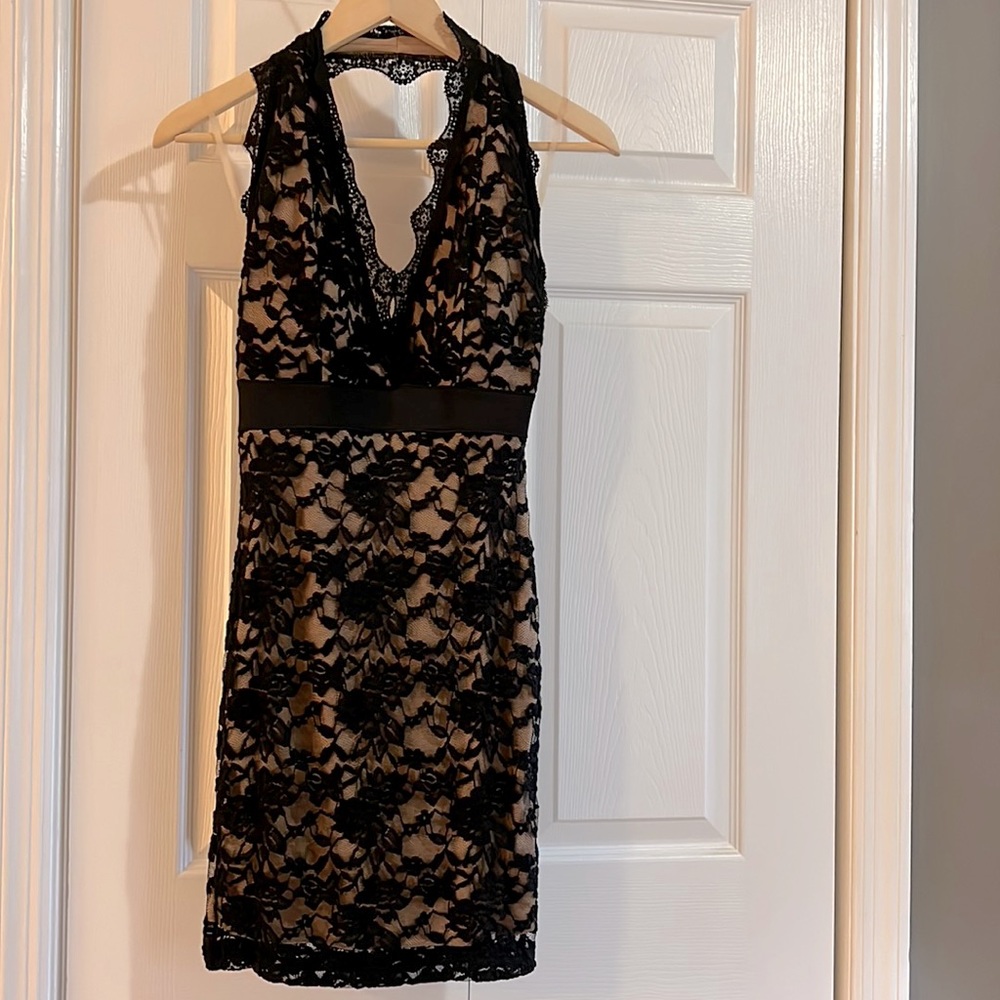 Black Babe Society lace halter dress with nude lining